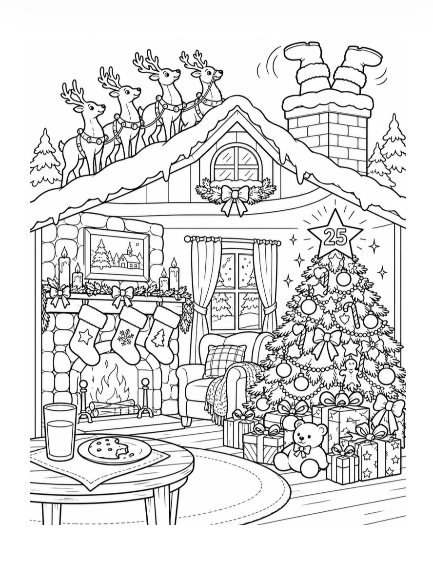 Day 25 coloring page: Santa’s boots sticking out of the chimney, reindeer on the roof and a tree topped with a 25 star